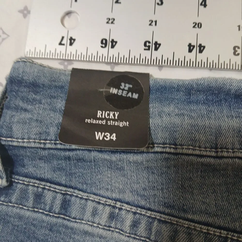 True Religion Men's Ricky Relaxed Straight Blue Denim Jeans Horseshoe Sz 34